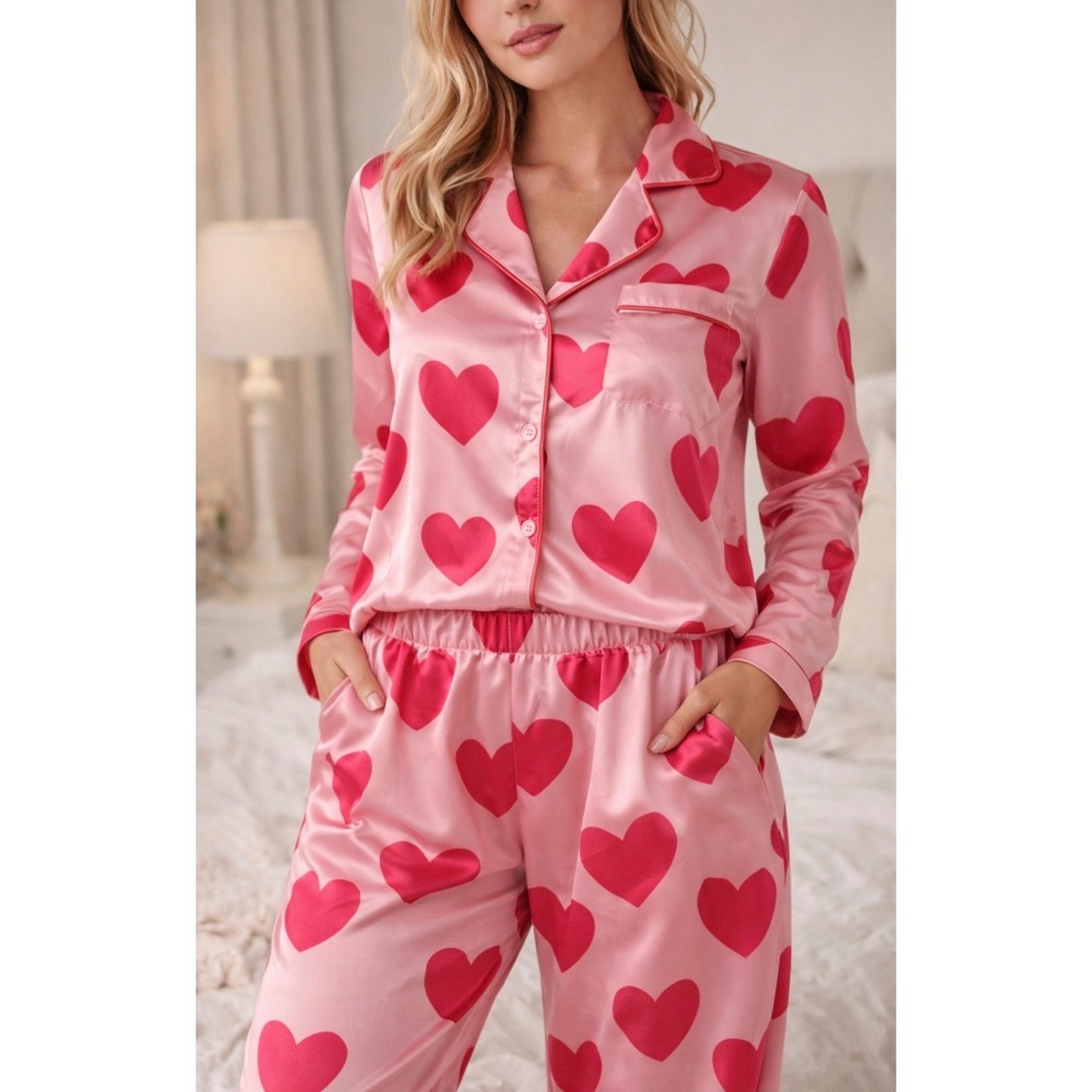 Peach Love Women's PJ's, Pink Hearts, Romantic, flowy, Pant Pockets Button Up M